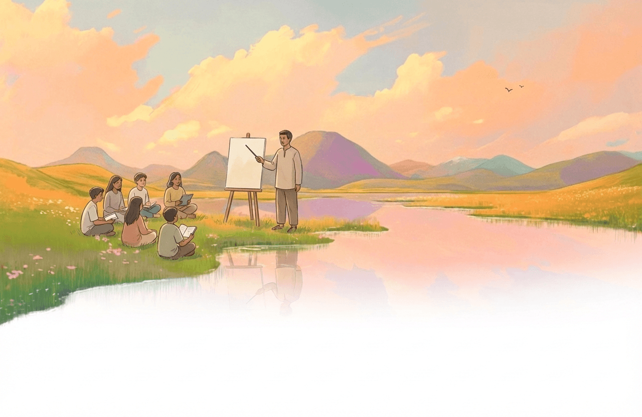 Teachers, learners, and the system in a painted landscape