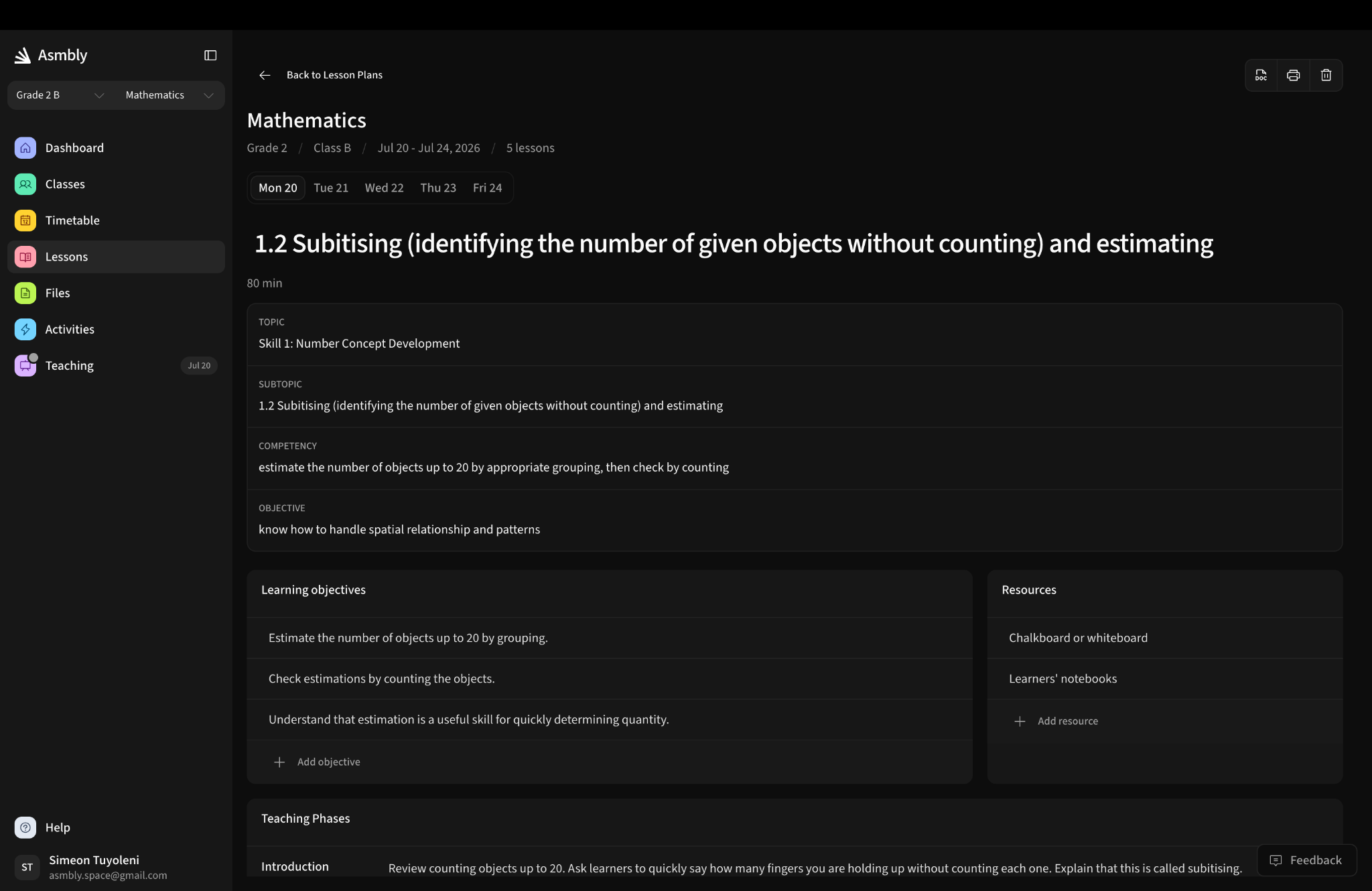 Curriculum-aligned lesson plan in Asmbly